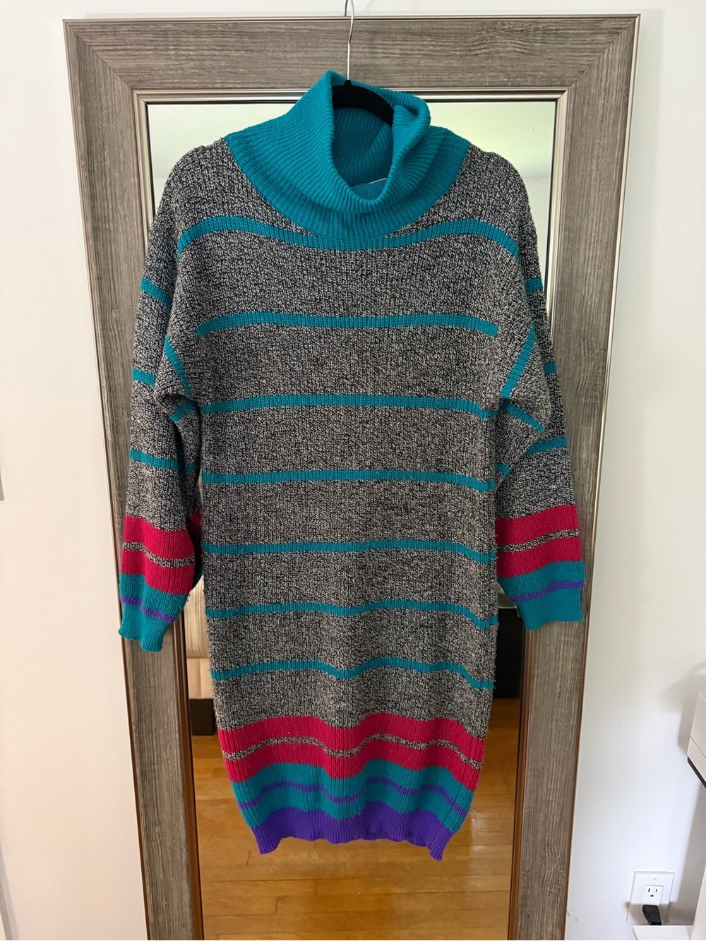 Vintage Gitano Striped Turtleneck Sweater Dress in Gray and Teal